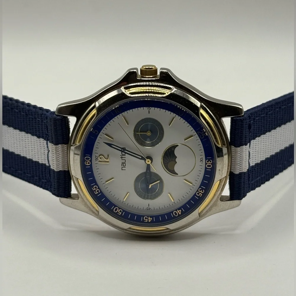 Nautica Vintage Moon Phase Watch 39mm Unisex Blue White Nylon Band (New Battery)